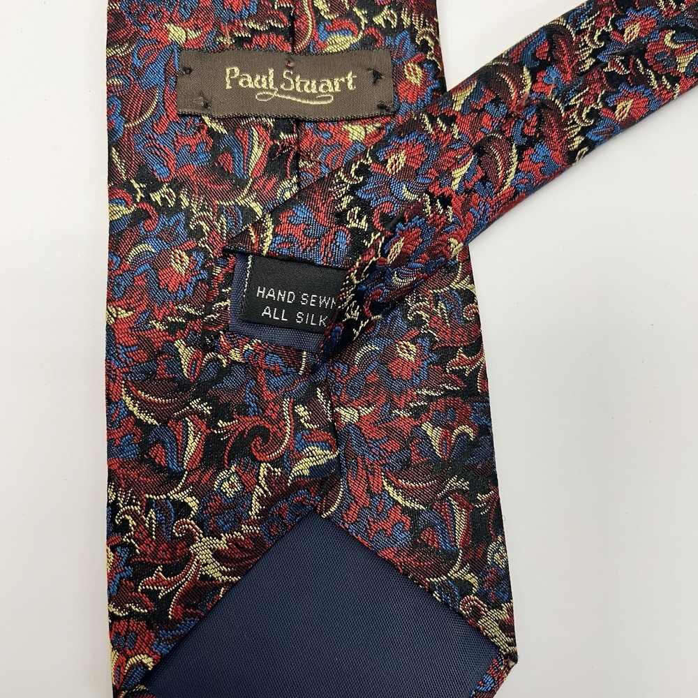 Paul Stuart Silk HAND SEWN Necktie Red Blue Black White Floral 3.5 X 58"